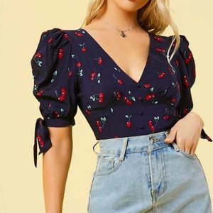 V-Neck Knot Puff Sleeve Cherry Print Bustier Top